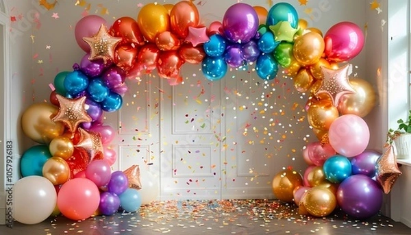 Obraz A vibrant celebration festive balloon arch with colorful decorations and confetti for a joyous event