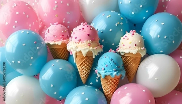 Fototapeta A festive celebration of colorful ice cream cones surrounded by vibrant balloons for a joyful event or party theme