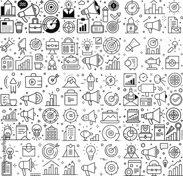 Fototapeta Comprehensive Business and Marketing Icon Set – Line Art Style with Analytics, Strategy, and Communication Symbols