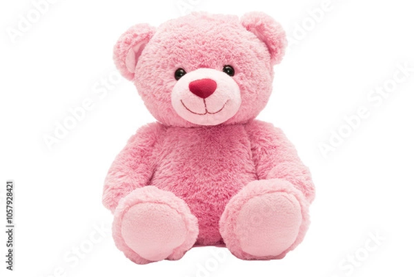 Fototapeta A soft pink teddy bear with a big, friendly smile is seated comfortably, highlighting its plush texture and inviting appearance, perfect for spreading warmth and cheer.
