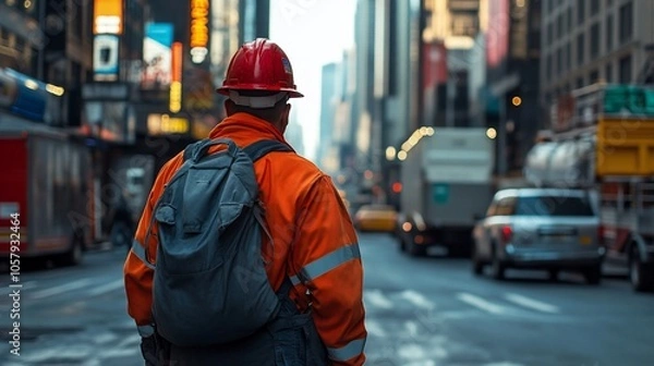 Fototapeta A construction worker walks down a busy city street wearing a red hard hat and an orange jumpsuit.