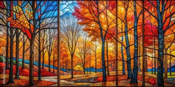 Fototapeta Enchanting Autumn Forest Stained Glass Window - Vibrant Foliage in Warm Hues, Tranquil Scene for Home Decor or Nature Themes