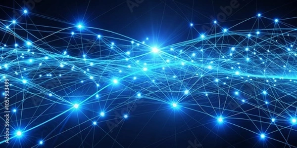 Obraz Ethereal Blue Network - Abstract Digital Composition of Interconnected Lines and Points on a Deep Blue Background, Futuristic Technology Concept