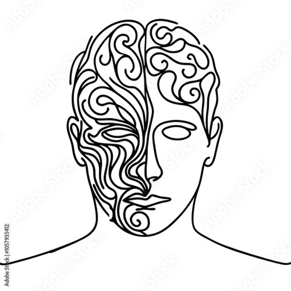 Fototapeta Abstract line art representing bipolar disorder with a divided human face and brain patterns