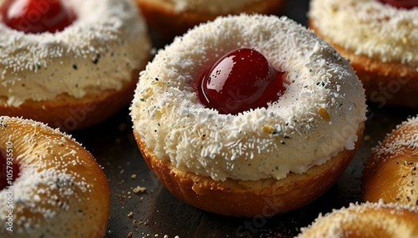 Fototapeta A tray of freshly made sufganiot sprinkled with powdered sugar, sprinkles and filled with jam, typical of the Jewish holiday of Hanukkah