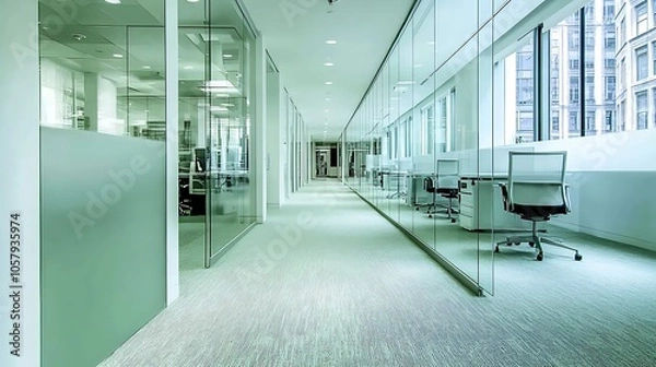 Fototapeta Modern Minimalistic Concrete Coworking Office room with Blank Walls, High Ceilings,and Mockup Frame