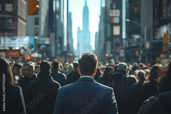 Fototapeta Unidentified Man in Suit Walking Backwards Through City Crowd