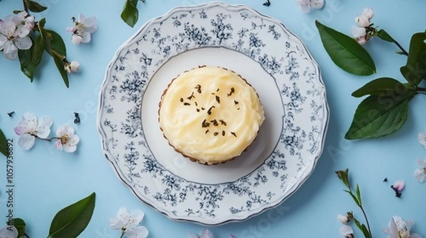 Fototapeta Elegant pastel de nata on a plate with a royal blue background, surrounded by tea leaves and tiny flowers
