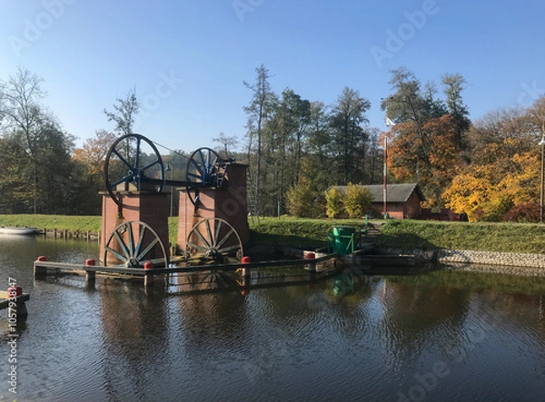 Fototapeta Inclined Planes and carriage - Elblag Canal, ships transported over hills. Unesco memorial. Poland (Buczyniec).