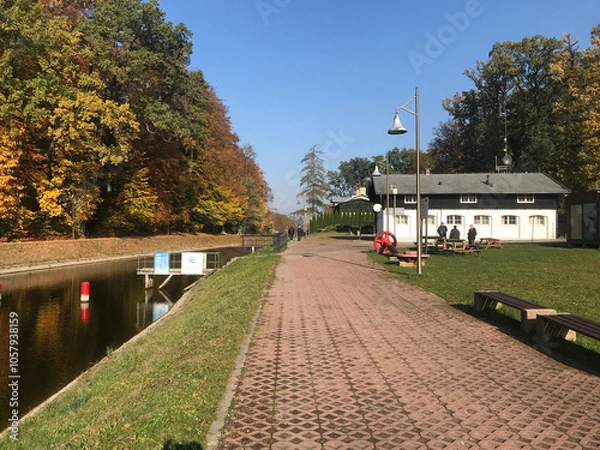 Fototapeta Inclined Planes and carriage - Elblag Canal, ships transported over hills. Unesco memorial. Poland (Buczyniec).