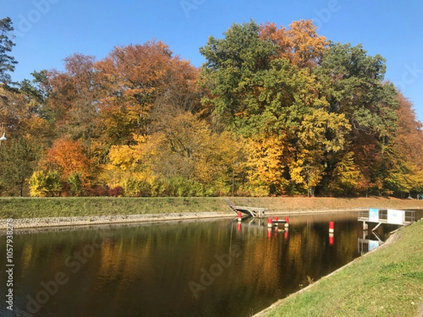 Fototapeta Inclined Planes and carriage - Elblag Canal, ships transported over hills. Unesco memorial. Poland (Buczyniec).