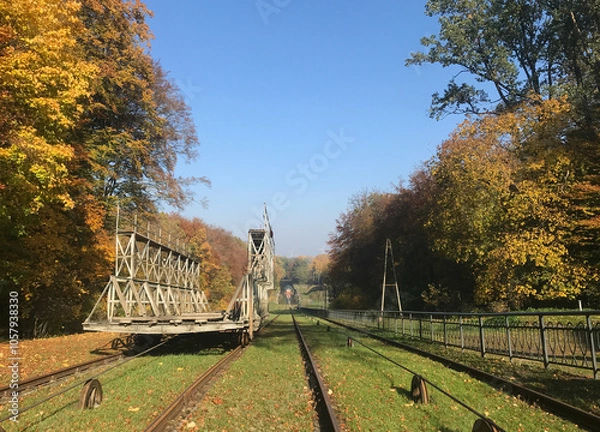Fototapeta Inclined Planes and carriage - Elblag Canal, ships transported over hills. Unesco memorial. Poland (Buczyniec).