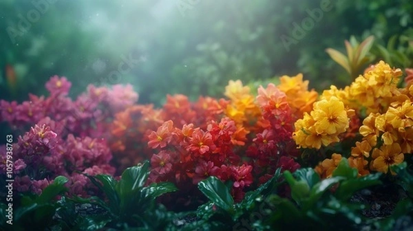 Fototapeta   A field of vibrant flowers surrounded by towering trees, bathed in golden sunlight filtering through the foliage