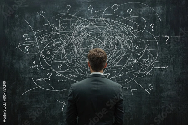 Obraz business man looking for solution, understanding and clarity about complex problem, brainstorm