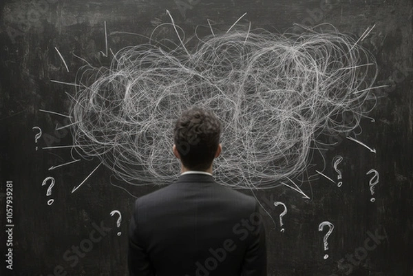Obraz business man looking for solution, understanding and clarity about complex problem, brainstorm