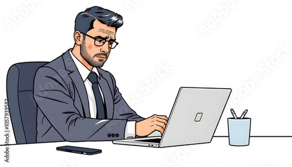 Fototapeta Sad business man using laptop sitting at desk isolated with white highlights, png