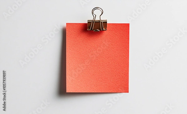 Obraz Minimalistic image of a red square paper held by a metal binder clip against a plain white background, ideal for notes or design mockups.
