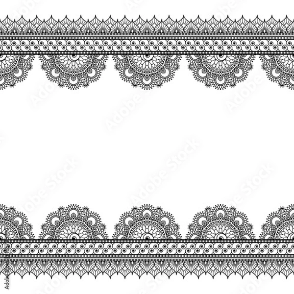 Fototapeta Indian mehndi henna border elements with flowers pattern card for tattoo on white background.