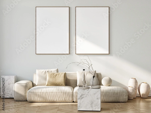 Fototapeta White minimalism interior with mock up poster, 3d illustration.