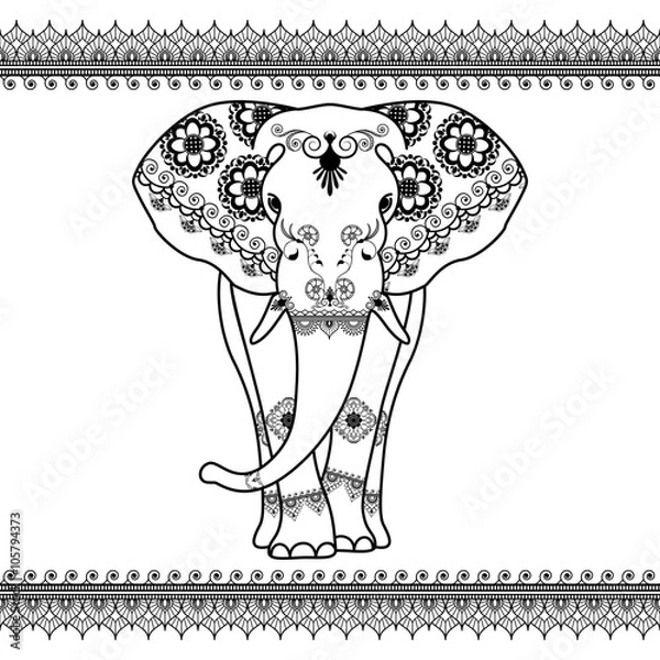 Fototapeta Elephant with border elements in ethnic mehndi style. Vector black and white frontal elephant's illustration isolated on white background