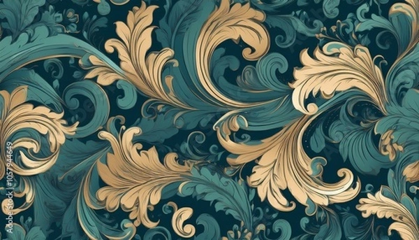 Fototapeta Elegant teal and gold floral pattern