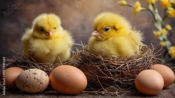 Obraz Easter scene with sweet chicks and eggs