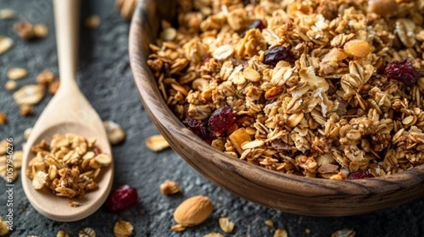 Fototapeta A delectable and healthful breakfast option is the lightly toasted muesli or granola cereal. 