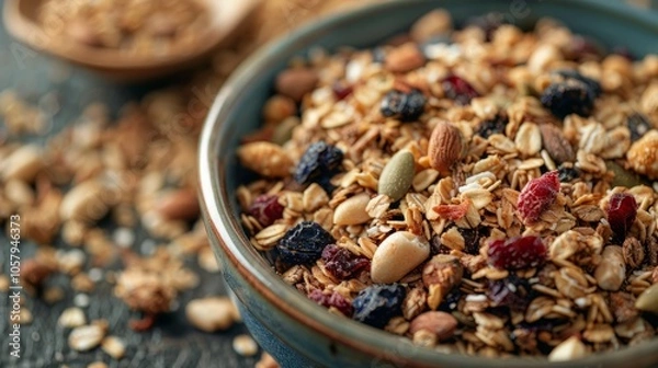 Fototapeta A delectable and healthful breakfast option is the lightly toasted muesli or granola cereal. 