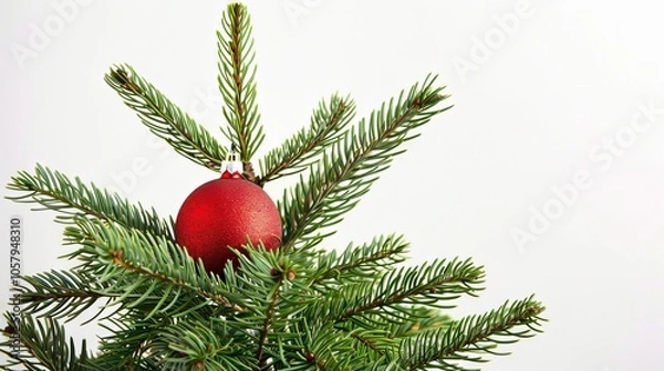 Fototapeta An evergreen fir tree adorned with a vibrant red Christmas ball stands out against a clean white background, creating a festive and elegant holiday display. The lush green branches of the tre