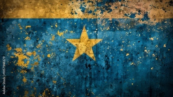 Fototapeta An image depicting the flag of CuraÃ§ao is presented here, maintaining its original proportions. The focus of the image is a closeup view of the flag, showcasing its distinct grunge texture. 