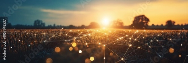 Fototapeta A scenic sunset casts light over a field of glowing digital networks, symbolizing technology and nature's harmony.