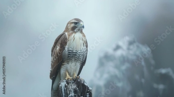 Fototapeta In this exquisite portrait, a majestic long-legged Buzzard, scientifically known as Buteo rufinus, takes center stage against a mesmerizing white foggy backdrop. The ethereal mist creat