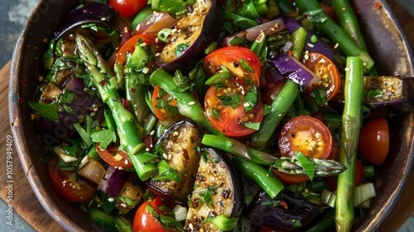 Fototapeta Spring vegetable salad made with a delicious combination of green beans, juicy tomatoes, tender eggplant, and crisp asparagus