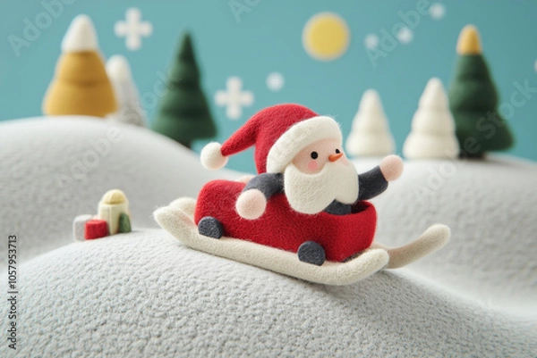 Obraz Paisagem natalina em miniatura com Papai Noel, renas e pinheiros cobertos de neve, estilo lúdico e colorido, criado por IA generativa.