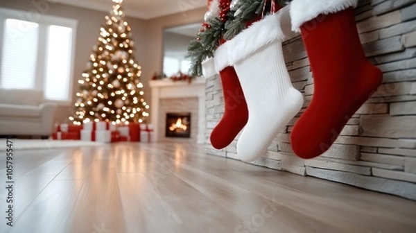 Fototapeta Christmas stockings hang by a cozy fireplace, with a glowing tree and gifts nearby, AI