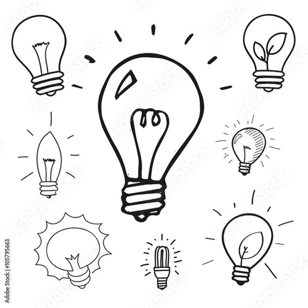 Fototapeta Vector set of hand drawn light bulbs, group of doodle icons