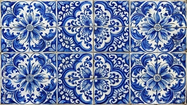 Fototapeta Mediterranean porcelain pottery with Gzhel style ornaments isolated on white background