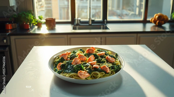 Fototapeta A plate of pasta with salmon and sautéed spinach on a white kitchen counter, sunlight streaming in