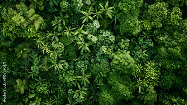 Obraz lush green foliage of a dense tropical rainforest from a top down view