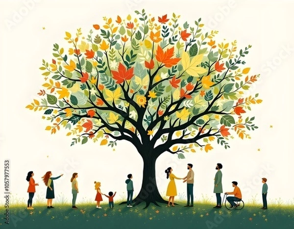 Fototapeta Diversity Tree Illustration: Cultural Symbols and Patterns with People of All Ages Connecting Underneath