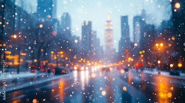 Obraz Snow falls on a city at night.
