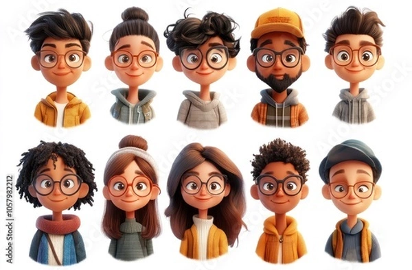 Fototapeta Smiling People Closeup Portrait Set Cute Cartoon Male and Female Avatars Multi-ethnic Man and Woman Faces Isolated on White Background