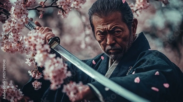 Fototapeta Standing beneath a cherry blossom tree, a middle-aged Japanese samurai in a robe and brandishing a sword uses a knife to cut off petals.