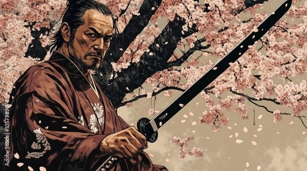 Fototapeta Standing beneath a cherry blossom tree, a middle-aged Japanese samurai in a robe and brandishing a sword uses a knife to cut off petals.