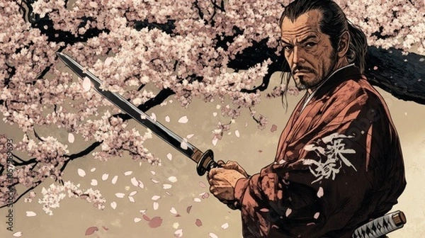 Fototapeta Standing beneath a cherry blossom tree, a middle-aged Japanese samurai in a robe and brandishing a sword uses a knife to cut off petals.
