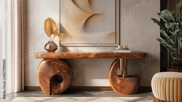 Fototapeta Modern Wooden Console Table in Stylish Interior