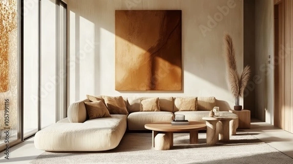Fototapeta Modern Minimalist Living Room with Neutral Tones and Natural Light