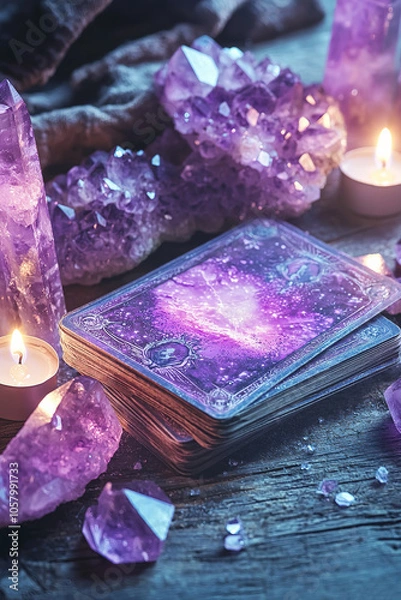 Fototapeta A mystical and enchanting setting with tarot card and magical crystals