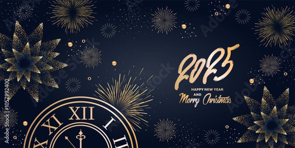 Fototapeta 2025 new year. Horizontal christmas banner. Golden clock and fireworks. Vector illustration