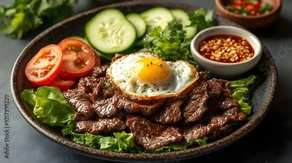 Fototapeta Lok Lak Stir-Fried Beef with Fresh Salad and Egg (Cambodian Cuisine)
